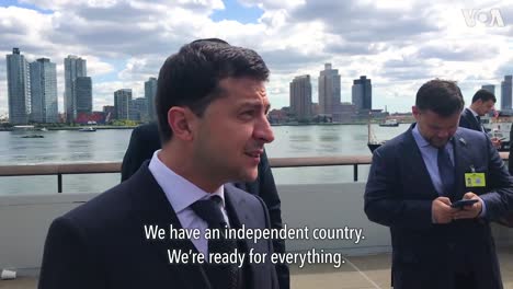 The-President-Of-Ukraine-Volodymyr-Zelensky-Meets-With-Reporters-Prior-To-Meeting-At-The-Un-With-Us-President-Donald-Trump-During-The-Whistleblower-Impeachment-Scandal-In-America