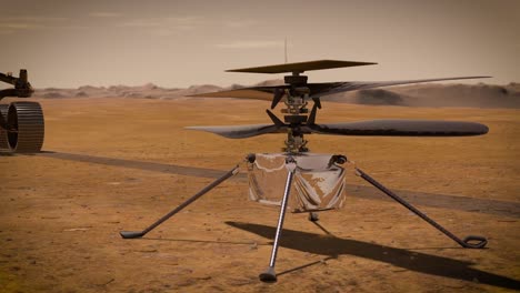Nasa-Cgi-Des-Mars-hubschraubers-Einfallsreichtum-Und-Rover-beharrlichkeit-Auf-Der-Oberfläche-Des-Roten-Planeten