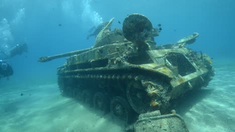 Underwater-footage-of-scuba-divers-exploring-a-sunken-tank-in-the-Red-Sea-near-Aqaba-Jordan-1