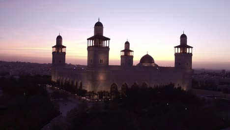 Beautiful-Rising-Aerial-Shot-At-Dusk-Of-The-Islamic-Mosque-In-Downtown-Amman-Jordan