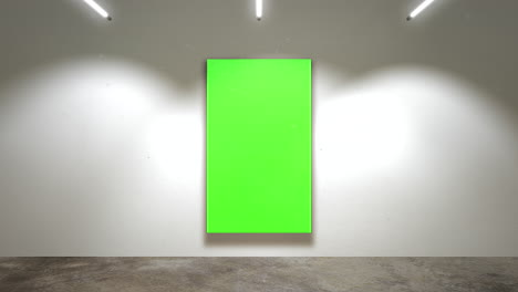 Motion-camera-in-art-gallery-with-picture-and-modern-frame-with-green-mock-up-screen-art-background