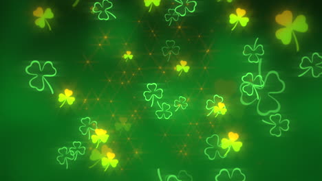 Animation-motion-small-green-shamrocks-with-glitters-on-Saint-Patrick-Day-shiny-background