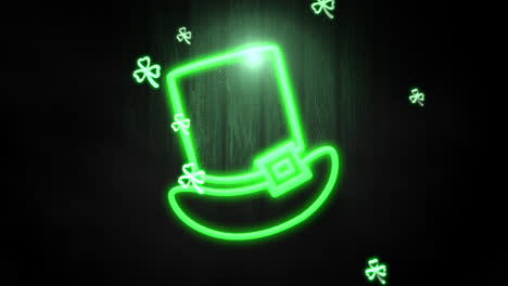 Animation-motion-small-green-shamrocks-and-neon-Irish-hat-on-Saint-Patrick-Day-shiny-background-2