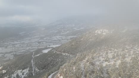 Bosque-Neblinoso-De-Invierno-Con-Nieve-Vista-Aérea