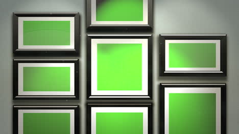 Motion-camera-in-art-gallery-with-picture-and-modern-frame-with-green-mock-up-screen-1