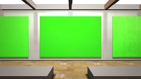 Motion-camera-in-art-gallery-with-picture-and-modern-frame-with-green-mock-up-screen