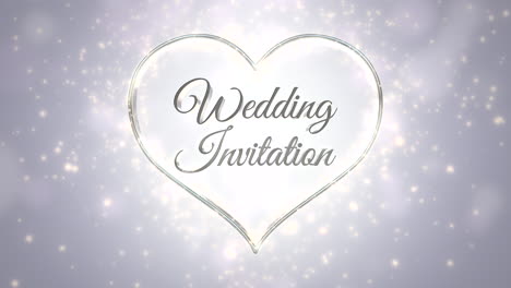 Closeup-text-Wedding-Invitation-and-white-hearts-of-love-with-fly-glitters