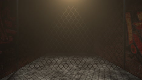 Motion-camera-on-dark-alleyway-of-city-with-grunge-wall-of-building-night-time