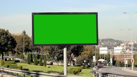 Advertising-Billboard-Green-Screen-On-Sidelines-Of-Expressway-With-Traffic