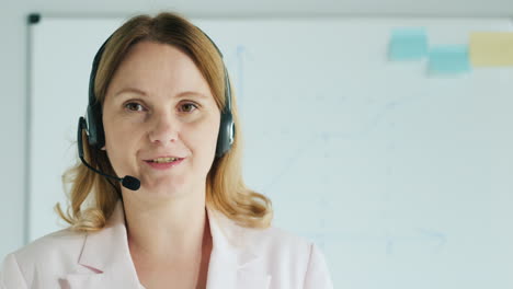 Business-Coach-In-Headset-Tells-Against-The-Background-Of-The-Board-With-Schedules-And-Diagrams