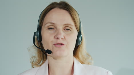 The-Woman-In-The-Headset-Speaks-On-A-White-Background