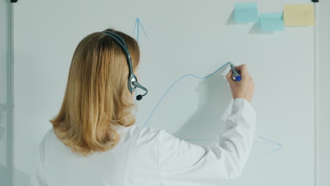 A-Female-Doctor-With-A-Headset-Speaks-And-Draws-A-Graph-On-A-Board