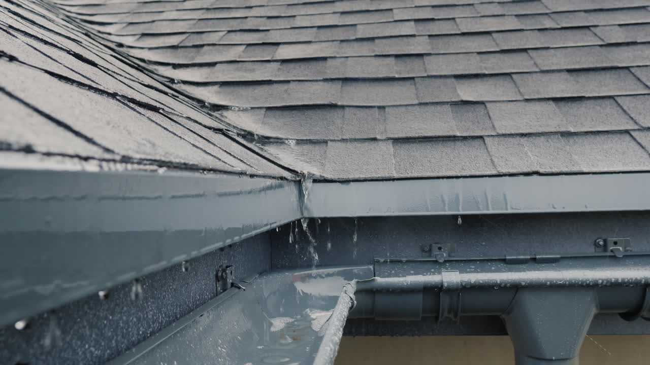 Premium stock video - Rain drain into gutters on the roof of the house 3