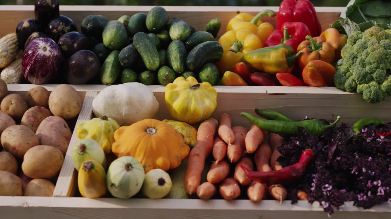 Premium stock video A counter with seasonal vegetables at the farmers