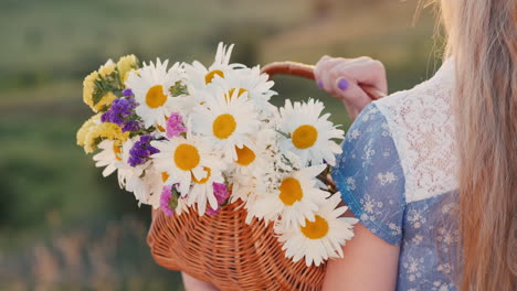 A-child-holds-a-basket-of-flowers-stands-in-a-meadows-and-green-hills