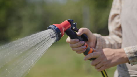Gardener-sprays-water-from-a-garden-hose-2