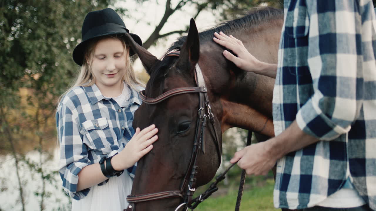 Premium stock video Girl strokes a horse