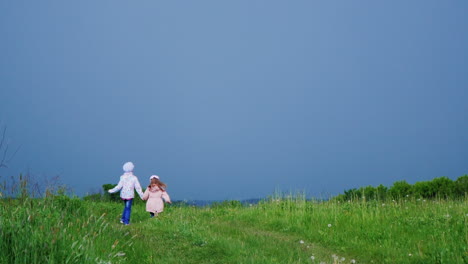 Two-cheerful-girls-run-hrough-the-meadow-holding-hands-2