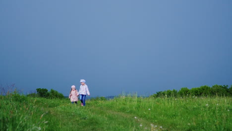 Two-cheerful-girls-run-hrough-the-meadow-holding-hands-3
