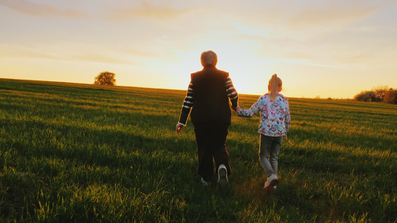 Premium stock video - Grandmother with her granddaughter walk in meadow ...