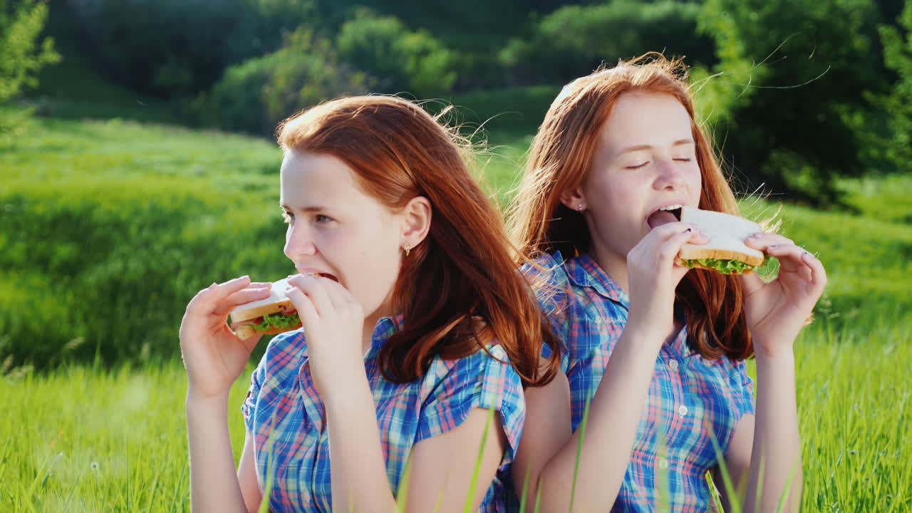 Two Twins Of A Teenage Girl Eat Sandwiches Free Stock Video Footage  Download Clips Family