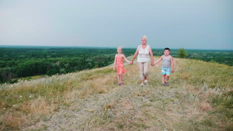 Grandmother-For-The-Hands-With-Two-Grandchildren---A-Girl-And-A-Boy-Walks-Through-The-Lively-Rural-Countryside-1