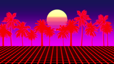 Retro-neon-landscape-with-big-sun,-tropical-palms-and-red-grid-in-dark-galaxy