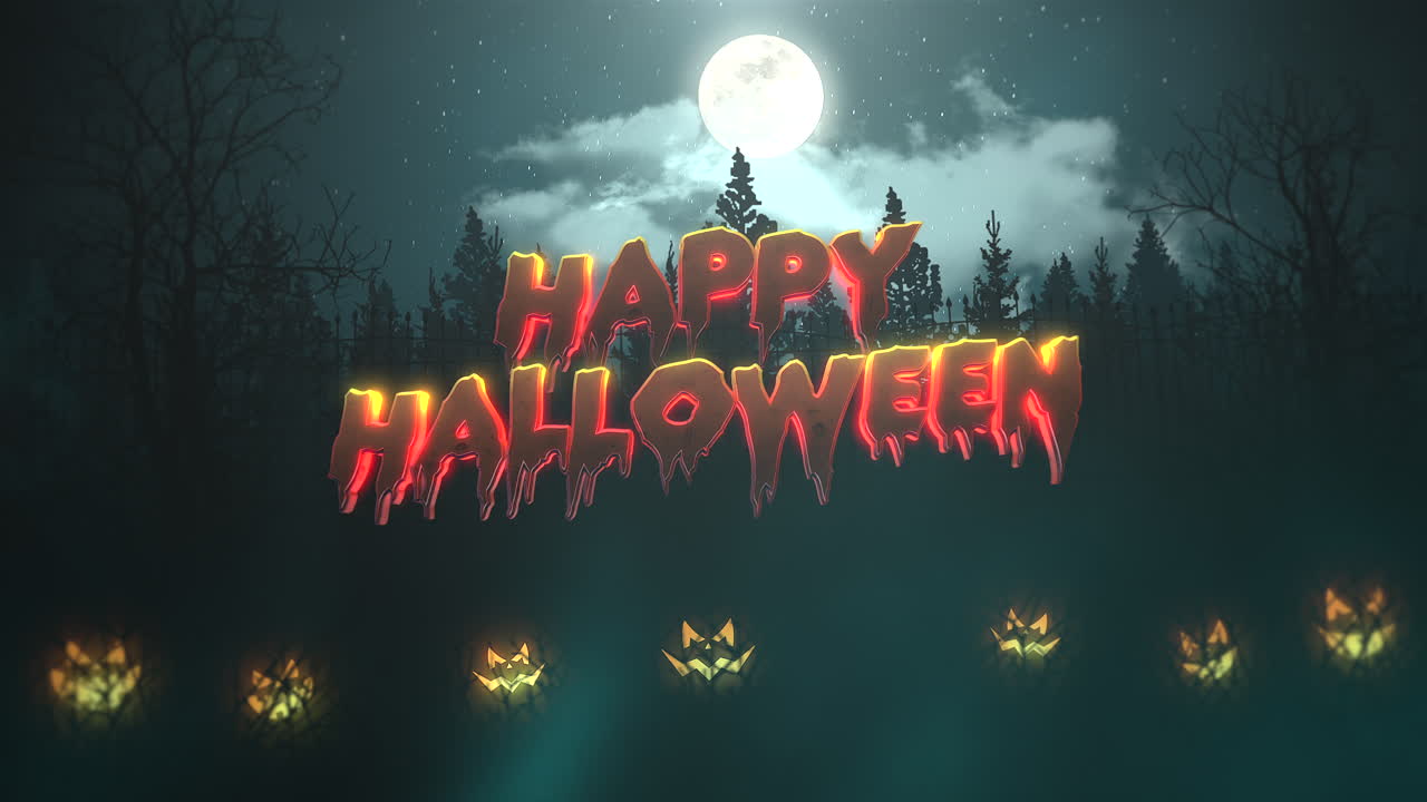 Premium Stock Video - Happy Halloween With Moon And Pumpkins In Night Time